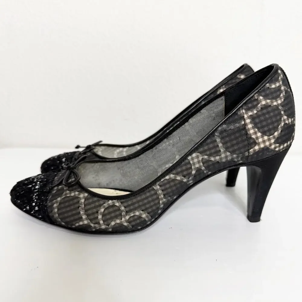 Chanel Black Mesh Tweed Cap Toe Bow Pumps Heels 37.5
